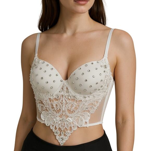 Love J White Rhinestone and Lace Beaded Bustier Crop Top Bralette Boudoir Sexy - Picture 1 of 6